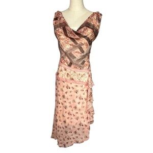 CDC Y2K 90s Floral Asymmetrical  Dress Pink Cottage Romantic Fairy Ruffle Sleeve